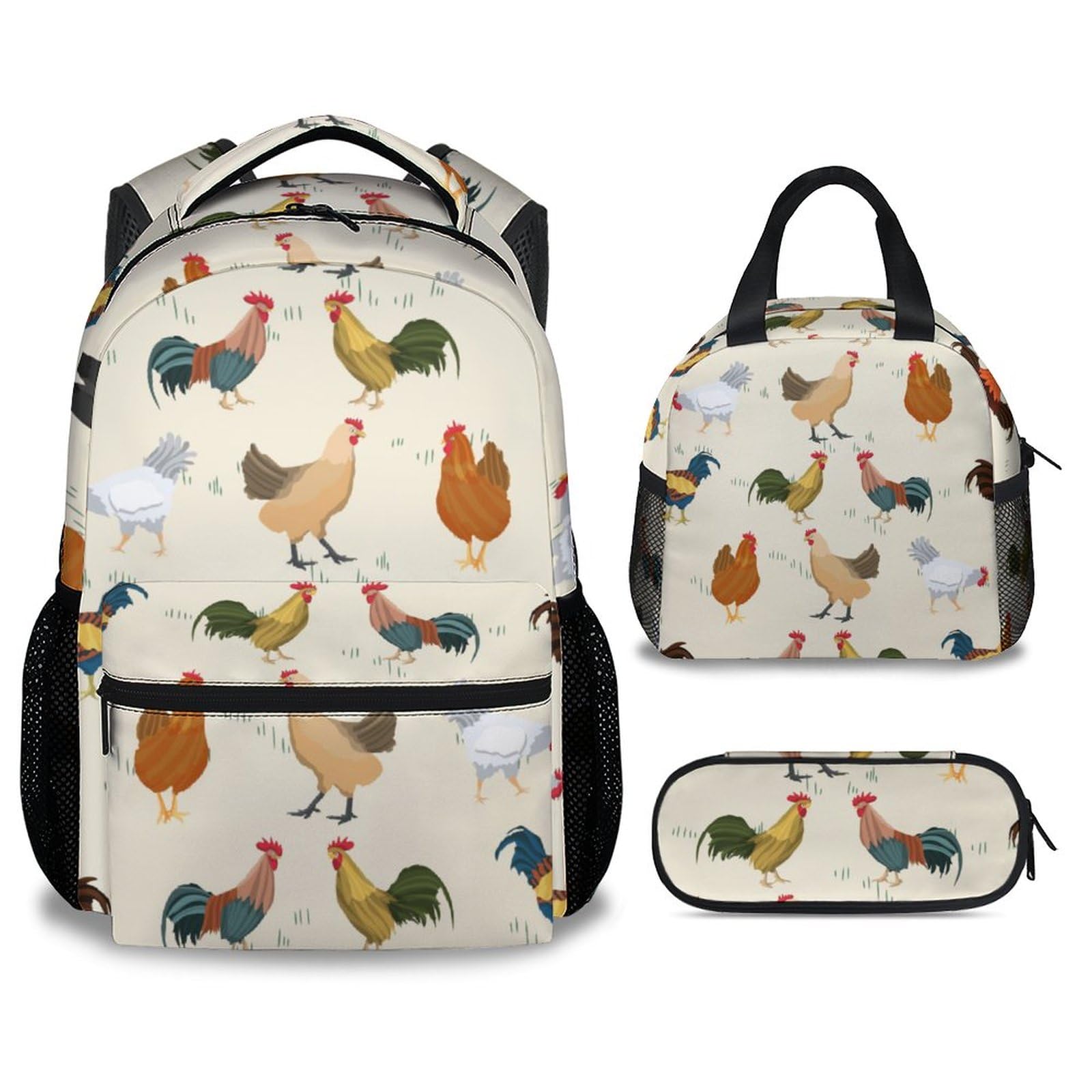 COOPASIA Chicken Backpack with Lunch Box and Pencil Case, 16 Inch Chicken Theme Bookbag with Adjustable Straps, Durable, Lightweight, Large Capacity,