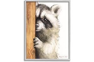 Stupell Industries Peering Raccoon Cute Smile Watercolor Animal Painting with Grey Frame, 24" x 30"