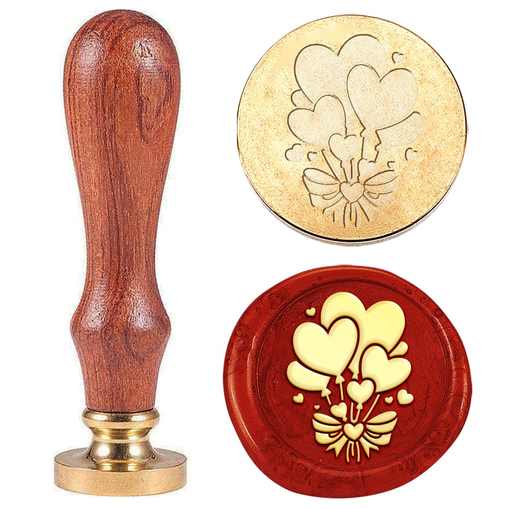 Hobbspring 1pc Vintage Wax Seal Stamp Heart Balloons Sealing Wax Stamp 25mm Removable Brass Stamp Head with Wooden Handle for Envelopes Invitations