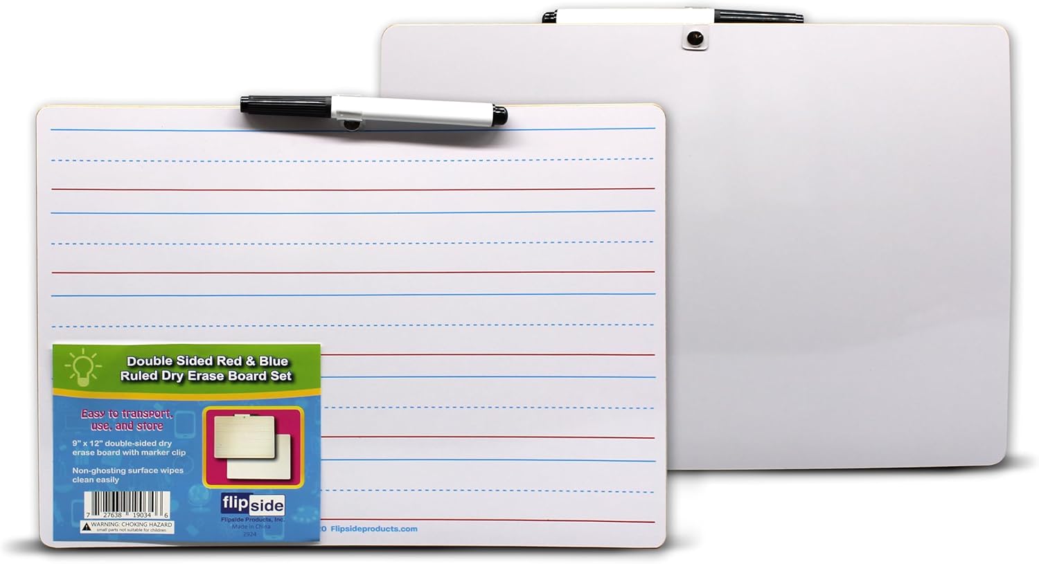 Flipside Products 9" x 12" Two Sided Dry Erase Red & Blue Ruled with attached marker, Learn To Write, Lined For Writing Practice, Pack of 12