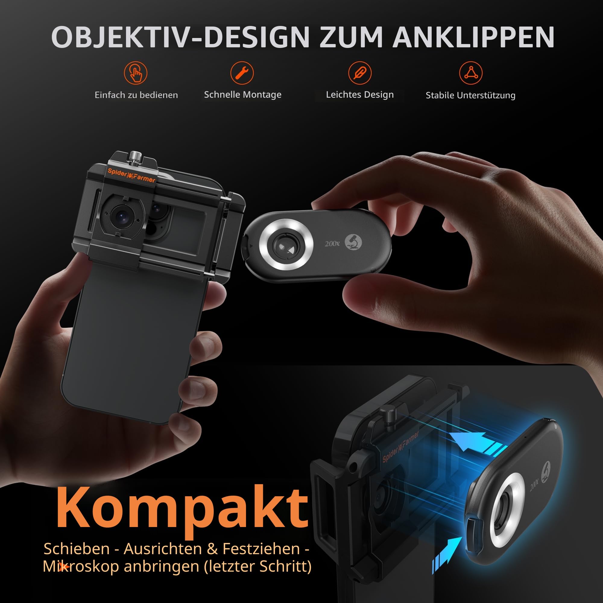 Spider Farmer Handy Mikroskop 200x Smartphone Mikroskop, Handy Lupe mit LED für Gärtner/Kinder, Kompatibel mit iPhone/Android