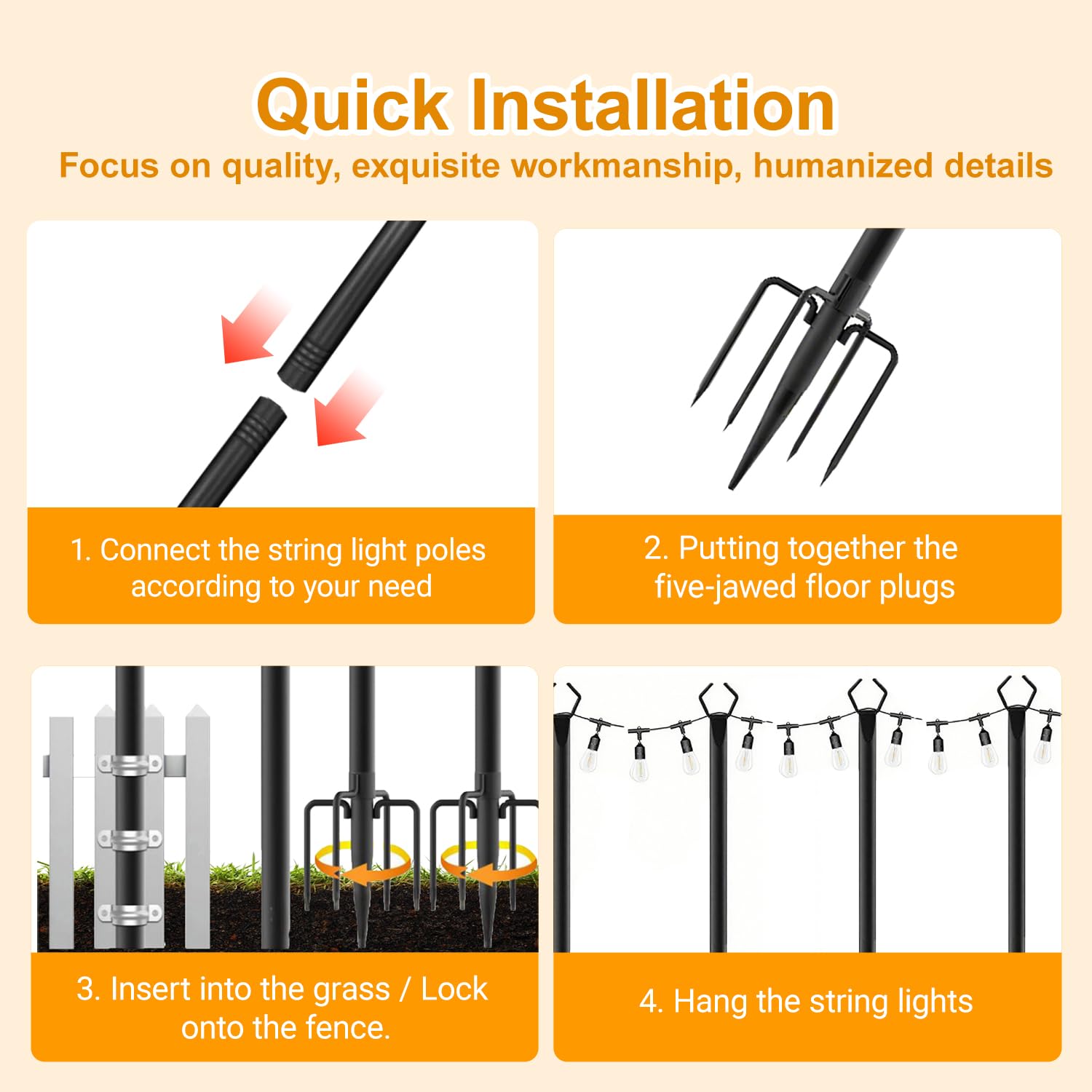 4 postes de luz de cadena, postes de luz de hierro resistente de 10 pies para exteriores con tenedor, poste de altura ajustable para exteriores, jardín, patio, terraza, patio trasero