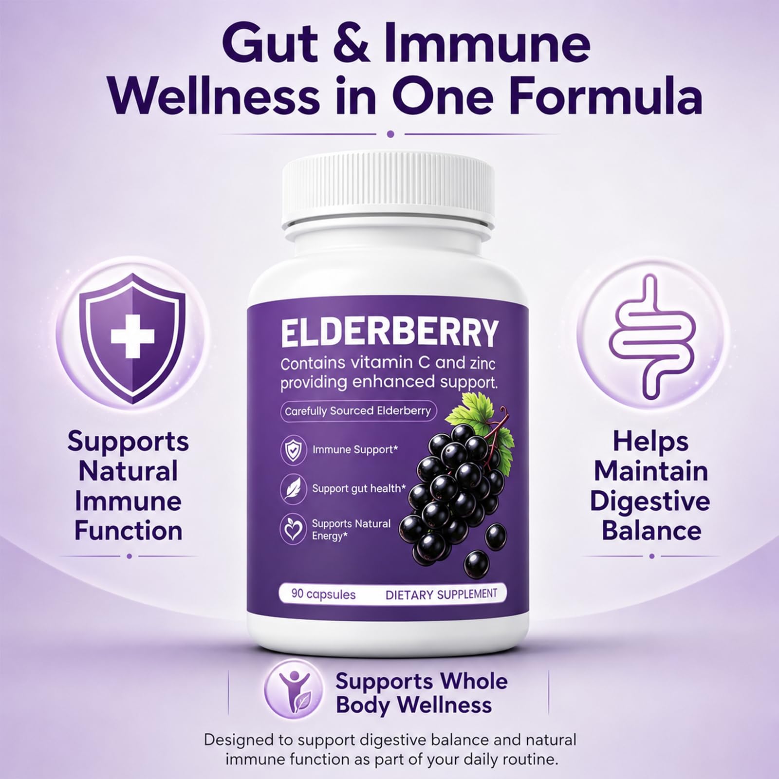 Elvera Elderberry Gut Support with 1200mg Elderberry Extract, Vitamin C and Zinc | Daily Immune & Digestive Balance for Everyday Wellness & Healthy Metabolism 90 Capsules — Amazon image 3