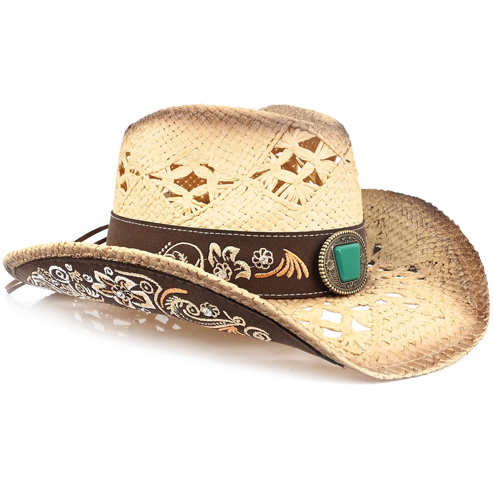 Men's Women Western Cowboy Hat?Cowgirl Straw Hat?Faux Suede Embroidered Sun Hats (US, Alpha, One Size, X-Large, Beige)