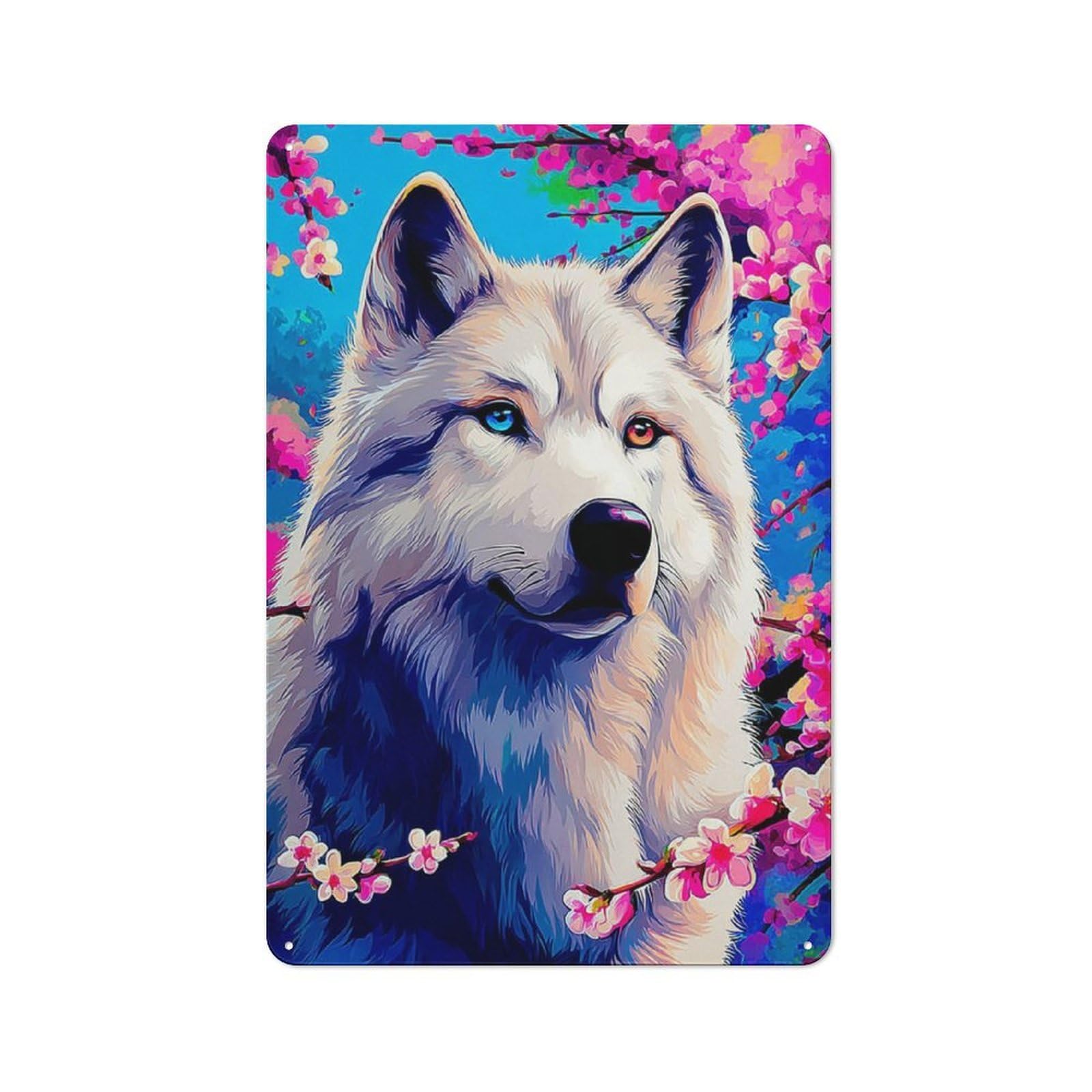 Junmoney Colorful Wolf With Blossoms -1 Understated Decorative Metal Sign 30X20cm Featuring Study Room Decor For Workspace, Cafe, Shop Or Desk Area