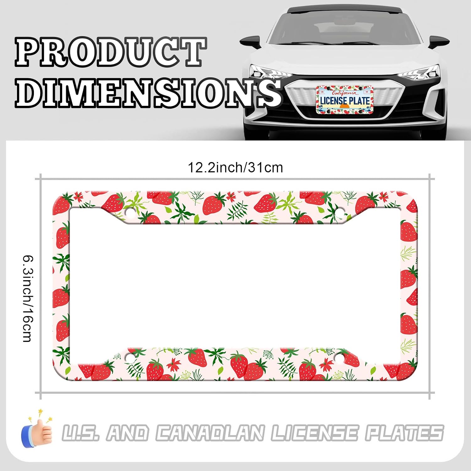 Cute Strawberry Floral License Plate Frames - 2 Pack Pink Strawberry License Plate Holder, Aluminum Metal Rust-Proof Waterproof Car Decorative Tag Frame for Standard US 12x6 Inch image 2