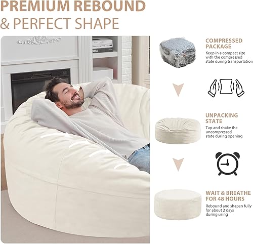 Miniatura 474 de Puf de 5 pies, puf grande con relleno de espuma viscoelástica, sofá puff esponjoso con funda de terciopelo holandés, puf redondo para sala de estar,