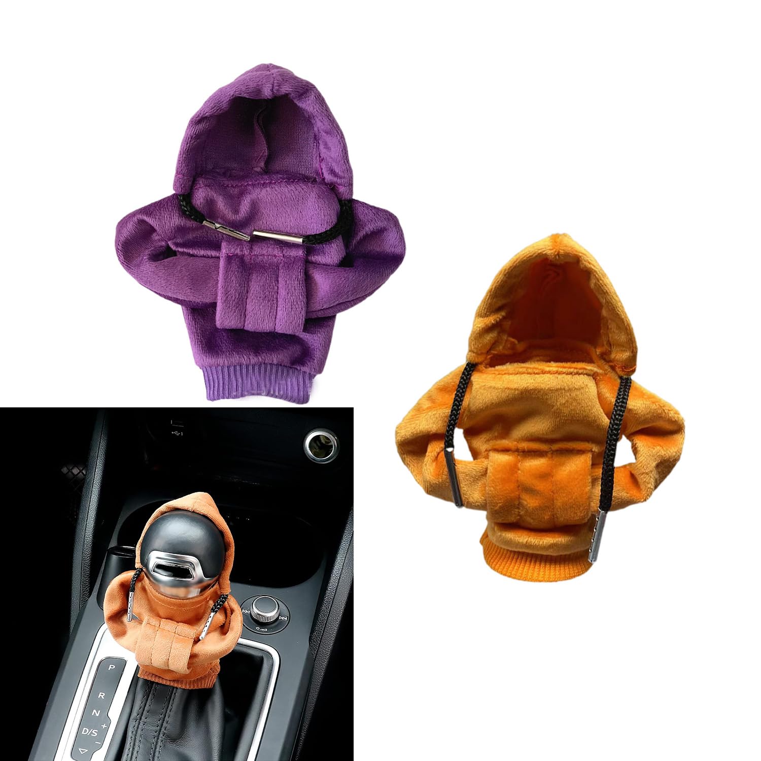 WEZCHUGHAOL 2 Pcs Car Gear Shift Cover, Gear Shift Hoodie, Universal Car Gear Shift Knob Cover, Funny Sweater Shifter Hoodie, Automotive Interior Novelty Accessories Decorations (Purple+Orange)