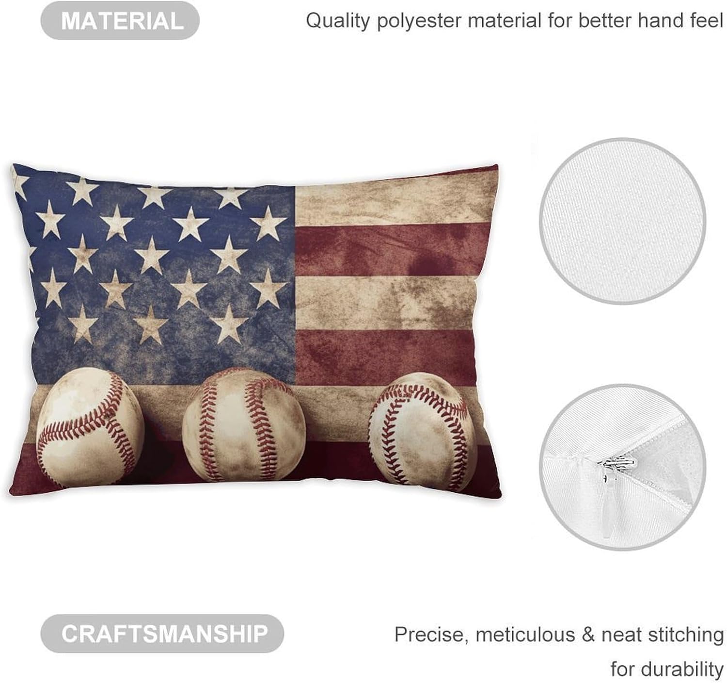 American Flag and Baseball Pillow Cases Queen Size Set of 1 Soft Comfortable Throw Pillows Covers Decorative Pillowcase with Zipper Bed Cushion Covers for Couch Sofa Bedroom 12 "x20