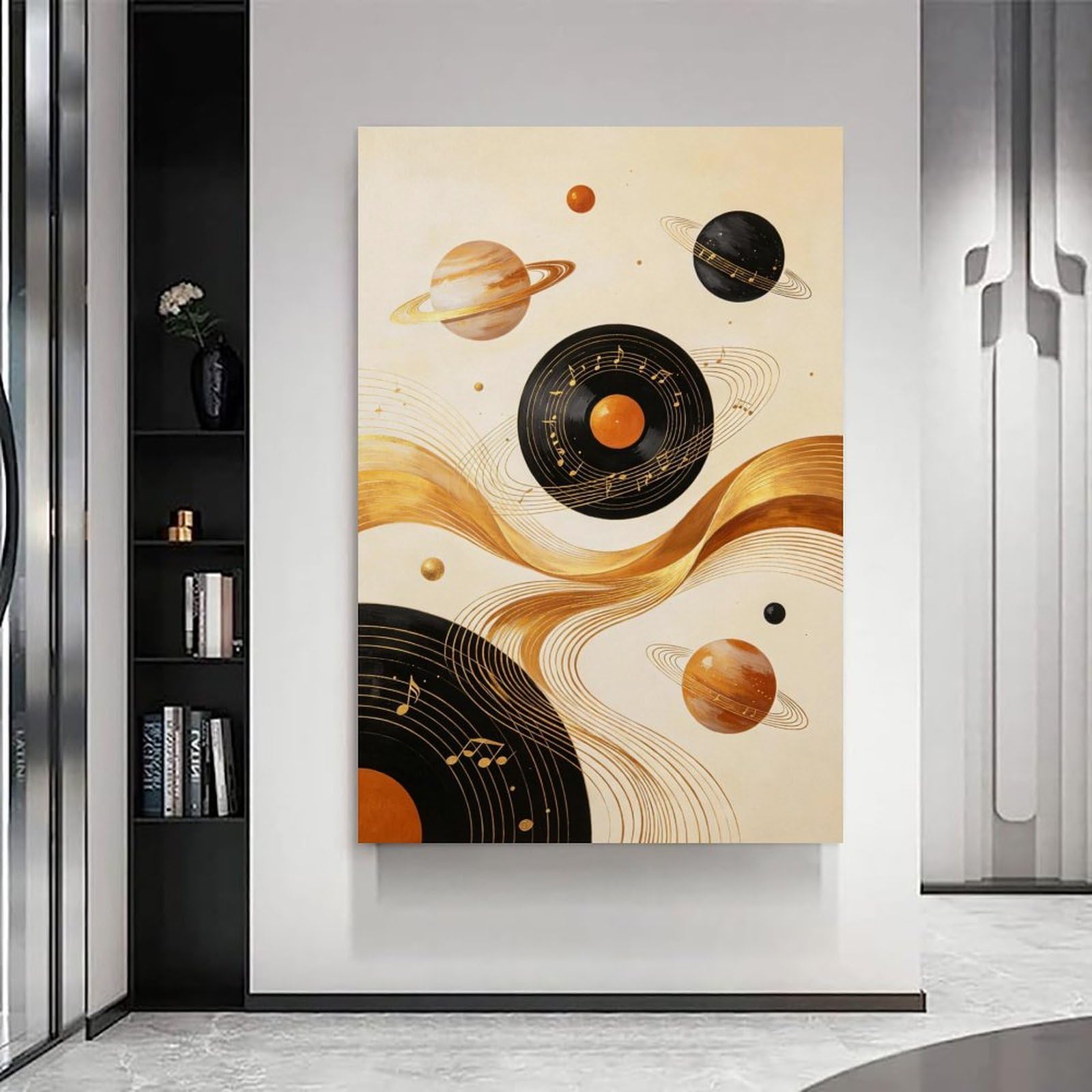 Stampa artistica da parete su tela, motivo: pianeta con musica astratta, disco in vinile, arte moderna con musica cosmica, stampa su tela per camera da letto, soggiorno, studio, decorazione per camera