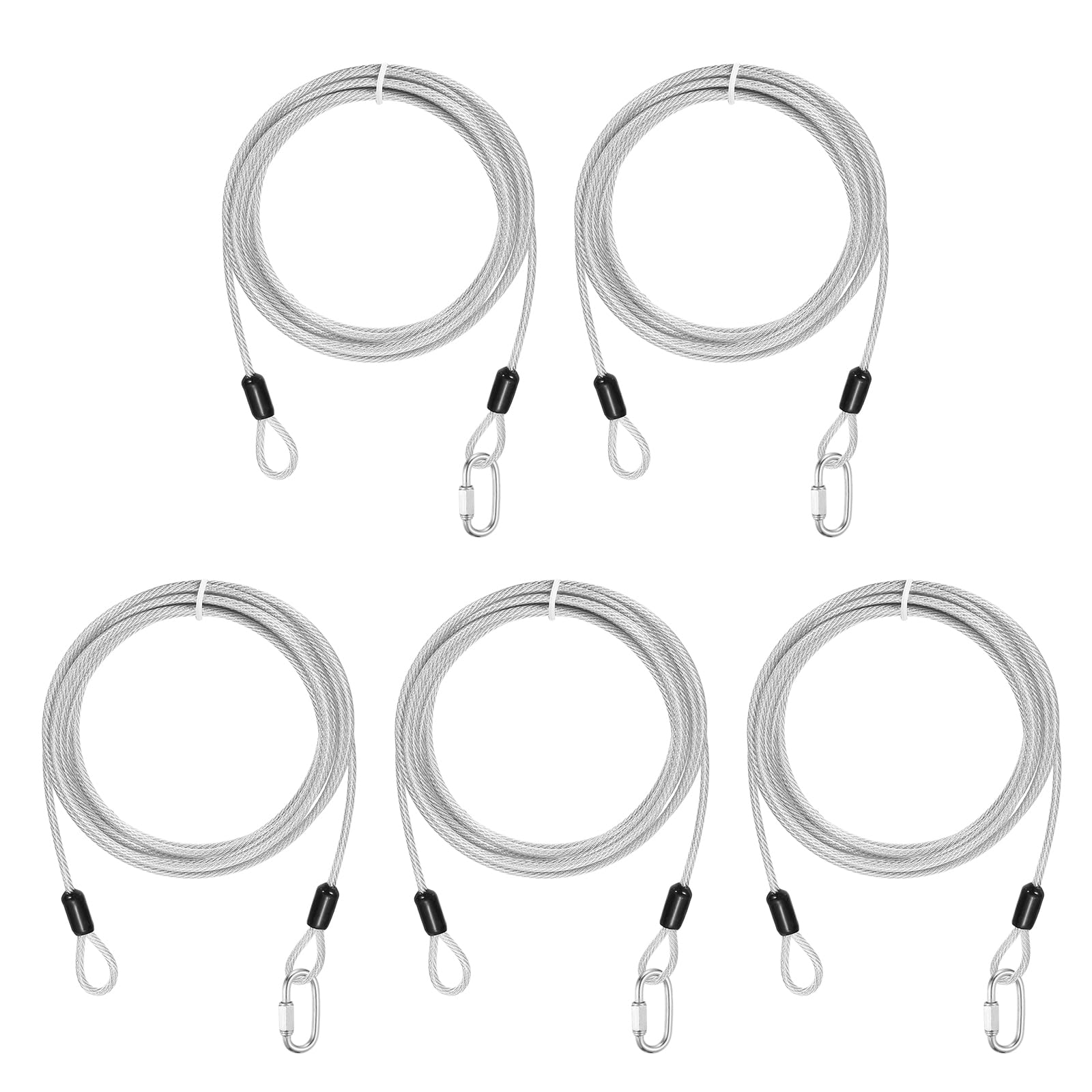 PATIKIL Security Cable Lock (3mm x 3 Meters, 9.8ft, Clear)(5 Set) Vinyl Coated 304 Stainless Steel Double Loop Flexible Wire Rope Safety Cable with Quick Links Locking Connectors