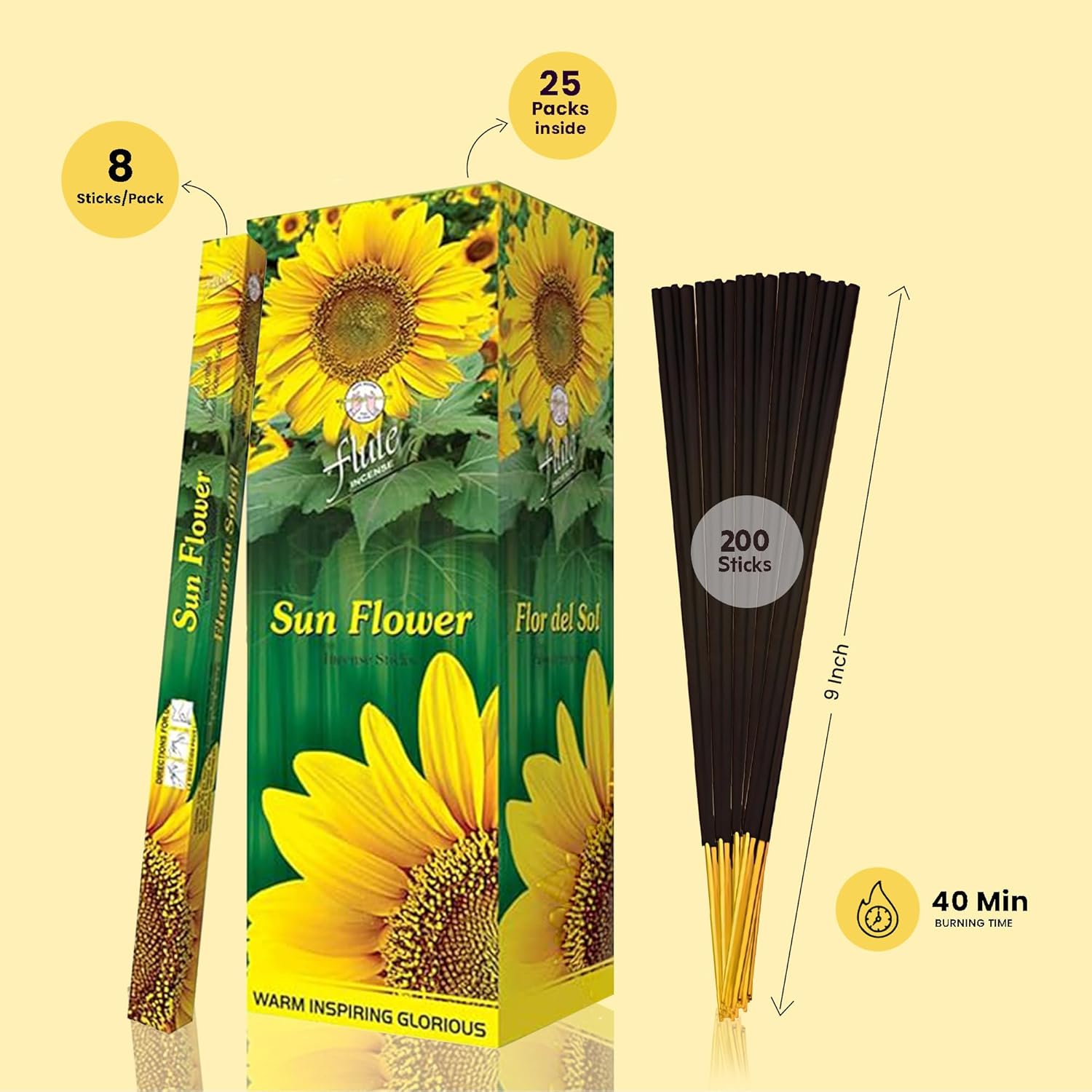 Flute Sunflower Incense Sticks – Cheerful Floral Fragrance for Fresh Mornings, Positive Energy & Uplifting Daily Rituals – 8 Sticks/Pack, 25 Packs/Box (9 Inch, 200 Sticks) | 40 Minutes Burn Time