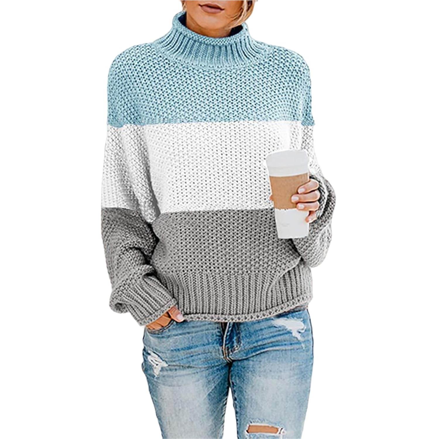 Womens Turtleneck Sweater Oversized Color Block Sweaters Batwing Sleeve Loose Chunky Knitted Pullover Jumper Tops