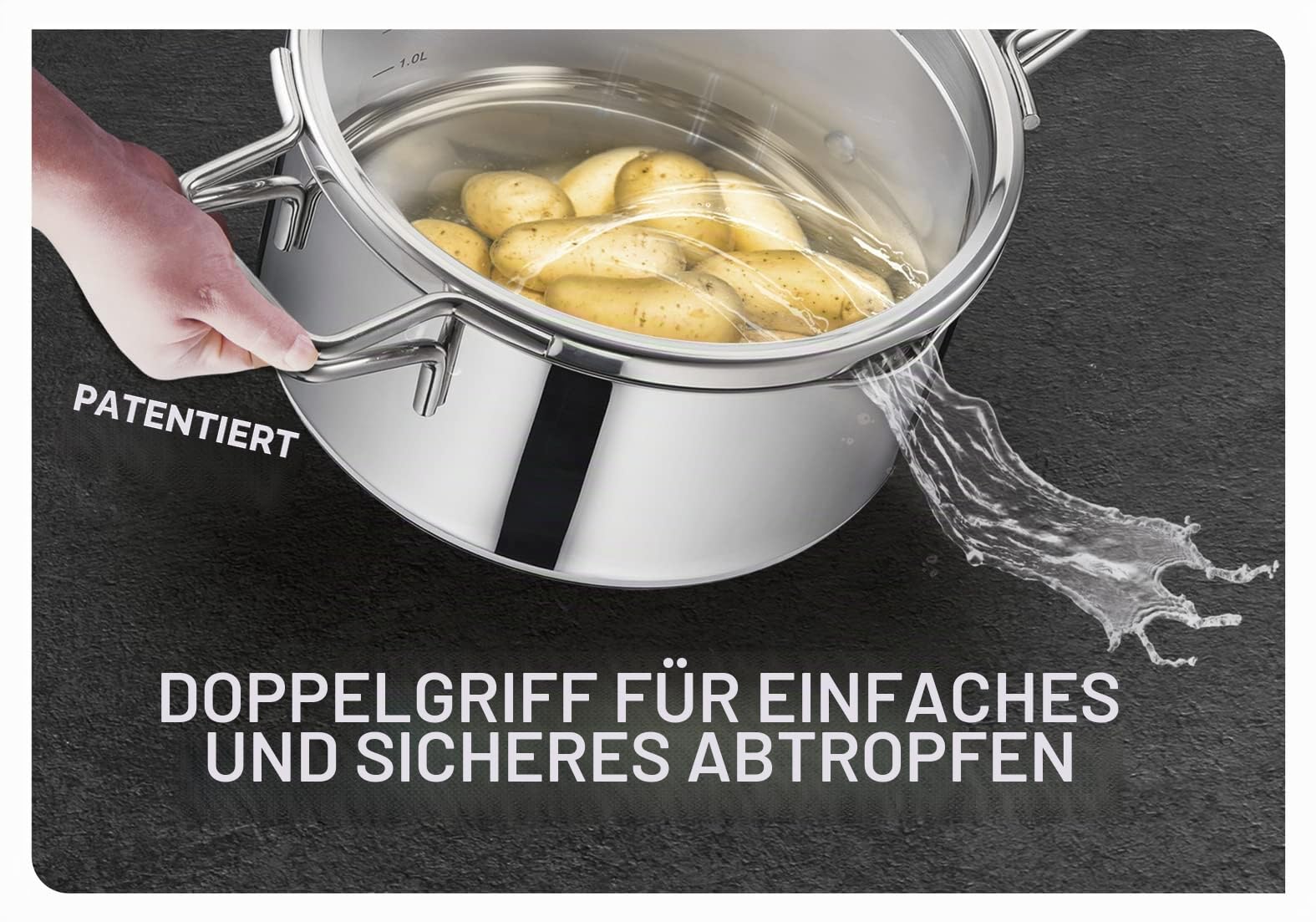 Tefal Nordica 8-teiliges Kochgeschirr-Set, Stielkasserolle 16 cm + Kochtöpfe 18/20/24 cm aus Edelstahl + Glasdeckel, Ausgießer, einfaches Abtropfen, Induktion, H852S855