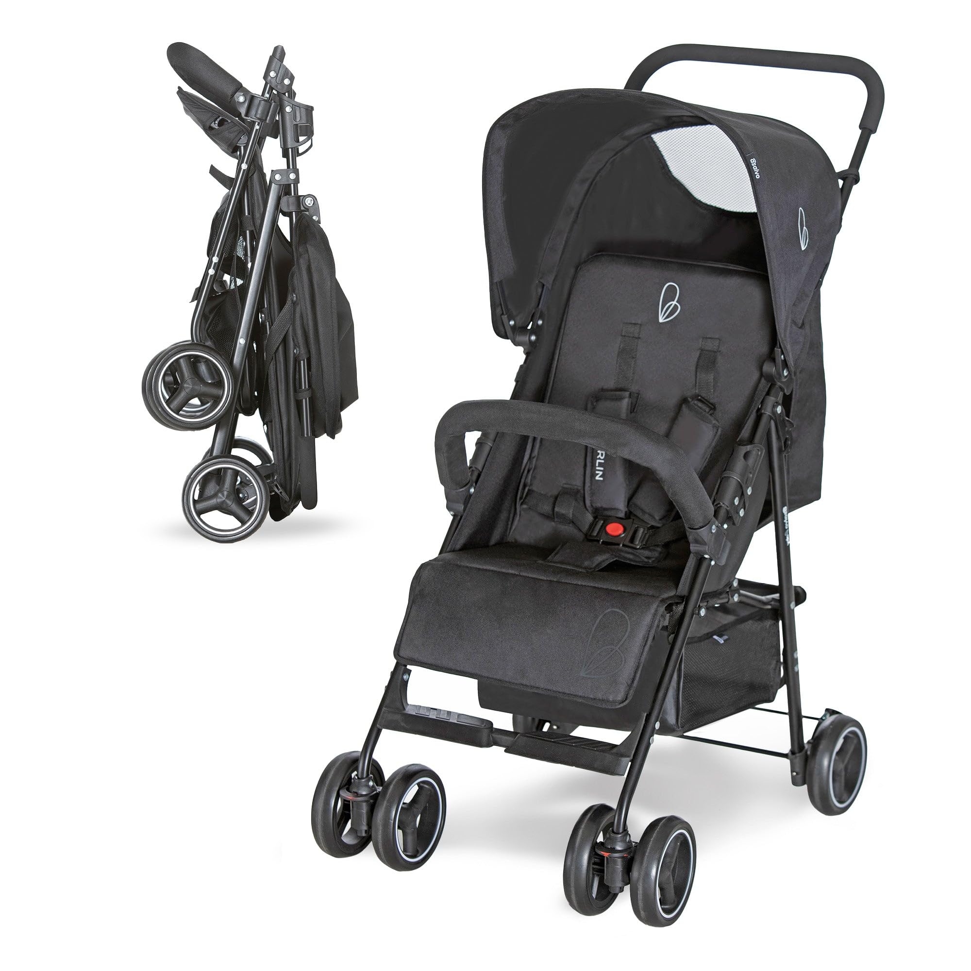 Asalvo Berlin Poussette ultra légère pour bébé avec dossier inclinable, harnais 5 points, SPF50+, capote, maniable et sécurité maximale, jusqu'à 16 kg, noir