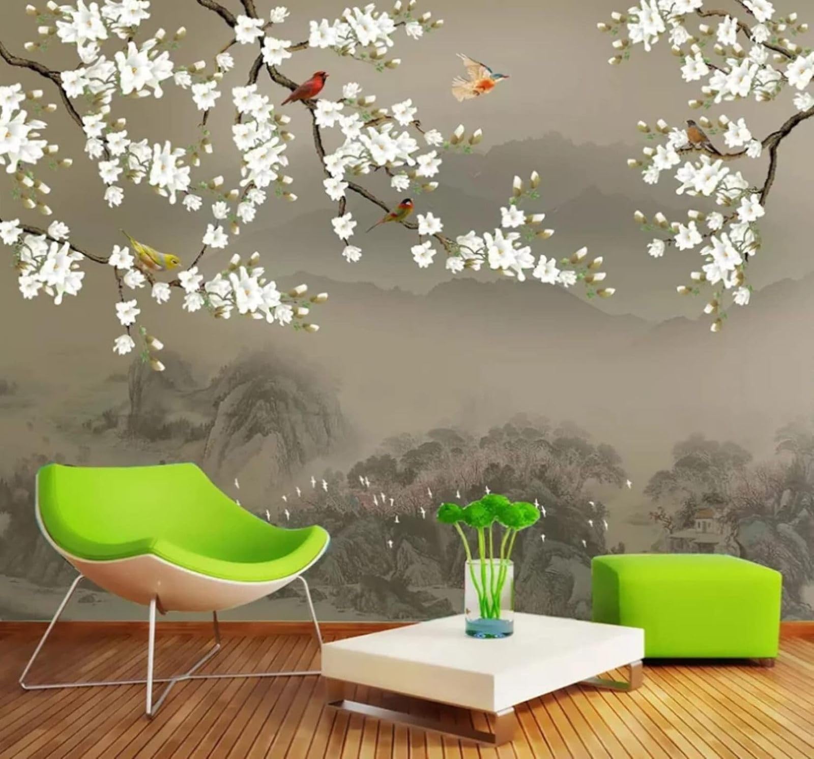 XLMING Hand Drawn Mountain Peaks Magnolia Flowers Birds in Flight Landscape 3D Wallpaper Luxury Silk Study Dining Feature Sofa Grey Bedroom Living Room Tv Decorative Wall-400cm×280cm