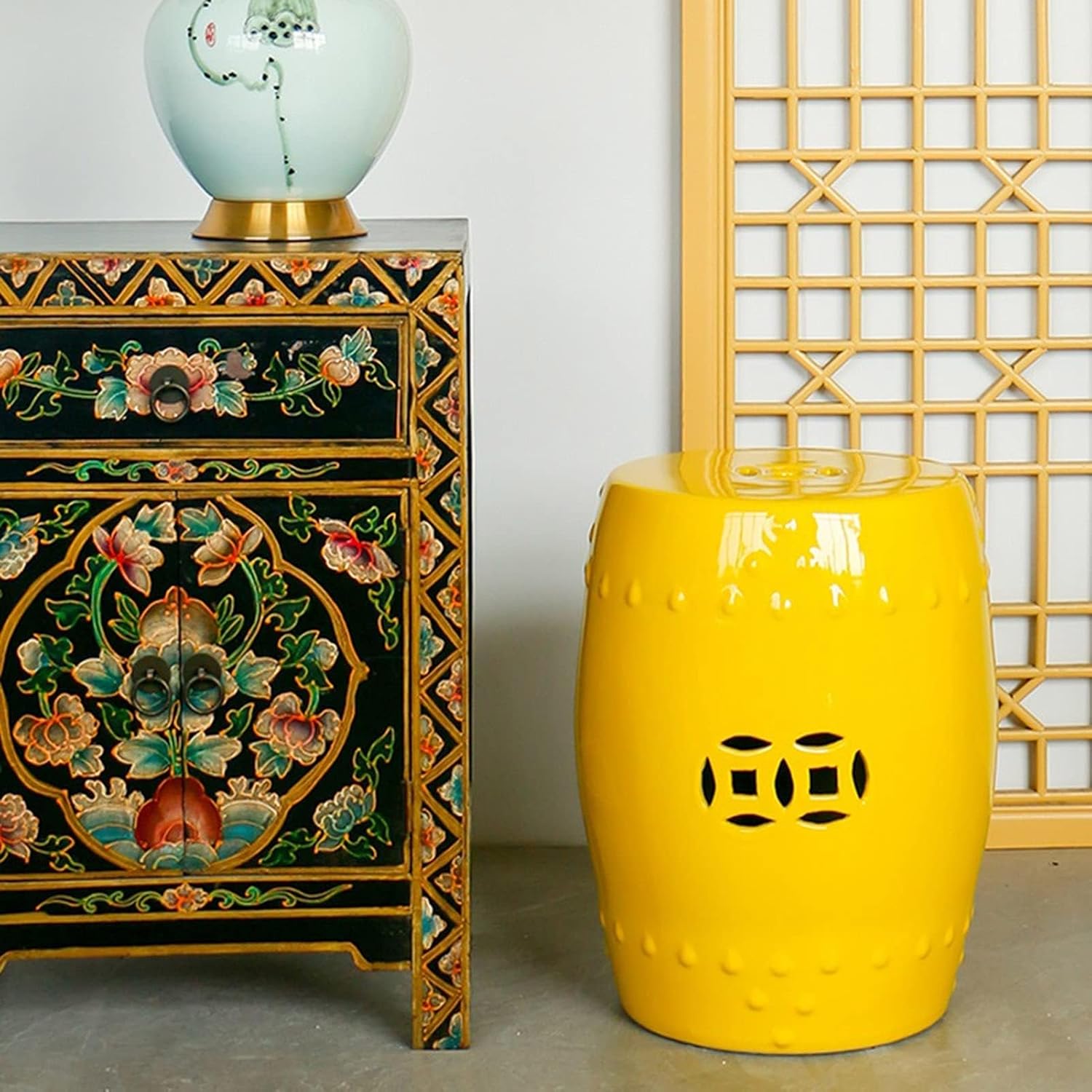 Decorative Ceramic Garden Stool - Outdoor Solid Glazed Hollow Drum Side Table, Chinese, Simple Modern, Traditional, Asian, Living Room, Patio, Balcony, Light green, normal