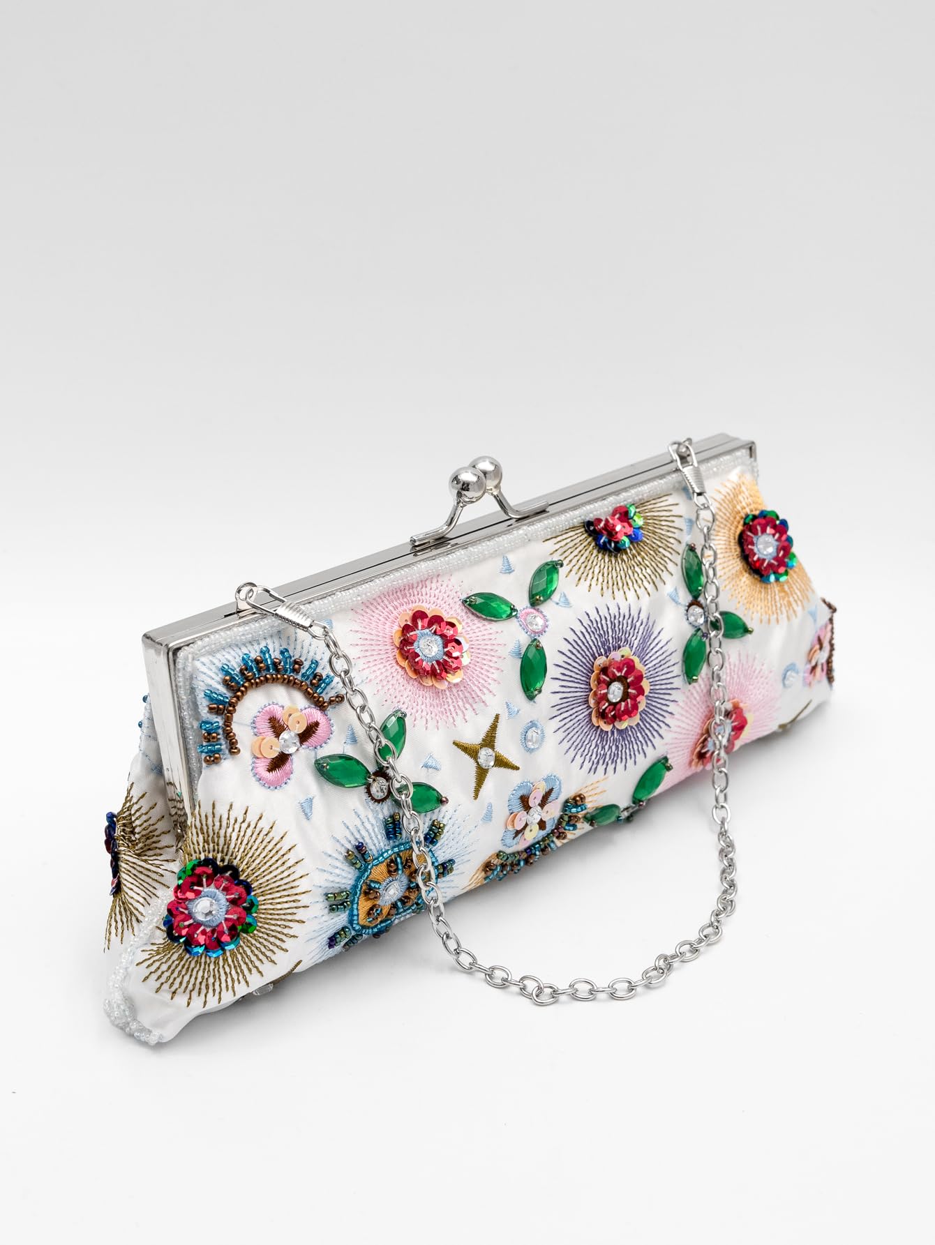lapulio Colorful Floral Leaves Embroidered Sequined Clutch Purse Small Flower Prom Purse Wedding Handbag Women Evening Bag(White)