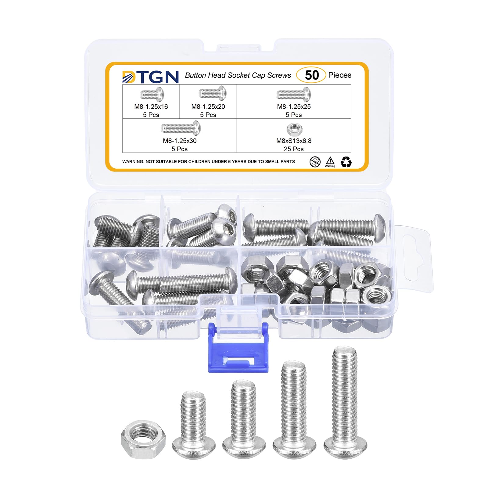 DTGN 50Pcs M8-1.25x16/20/25/30/35mm Button Head Socket Cap Screws, 304 Stainless Steel Bolt Nut Set Washer Assortment Kit