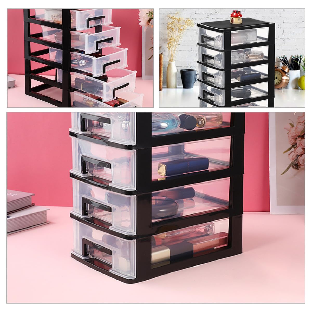 BESPORTBLE Cassettiera in Plastica Trasparente 5 Livelli 2 Pezzi, Cassetti Portaoggetti da Scrivania Multiuso per Ufficio, Organizer per Trucco e Bagno Ampia Capacità Salvaspazio