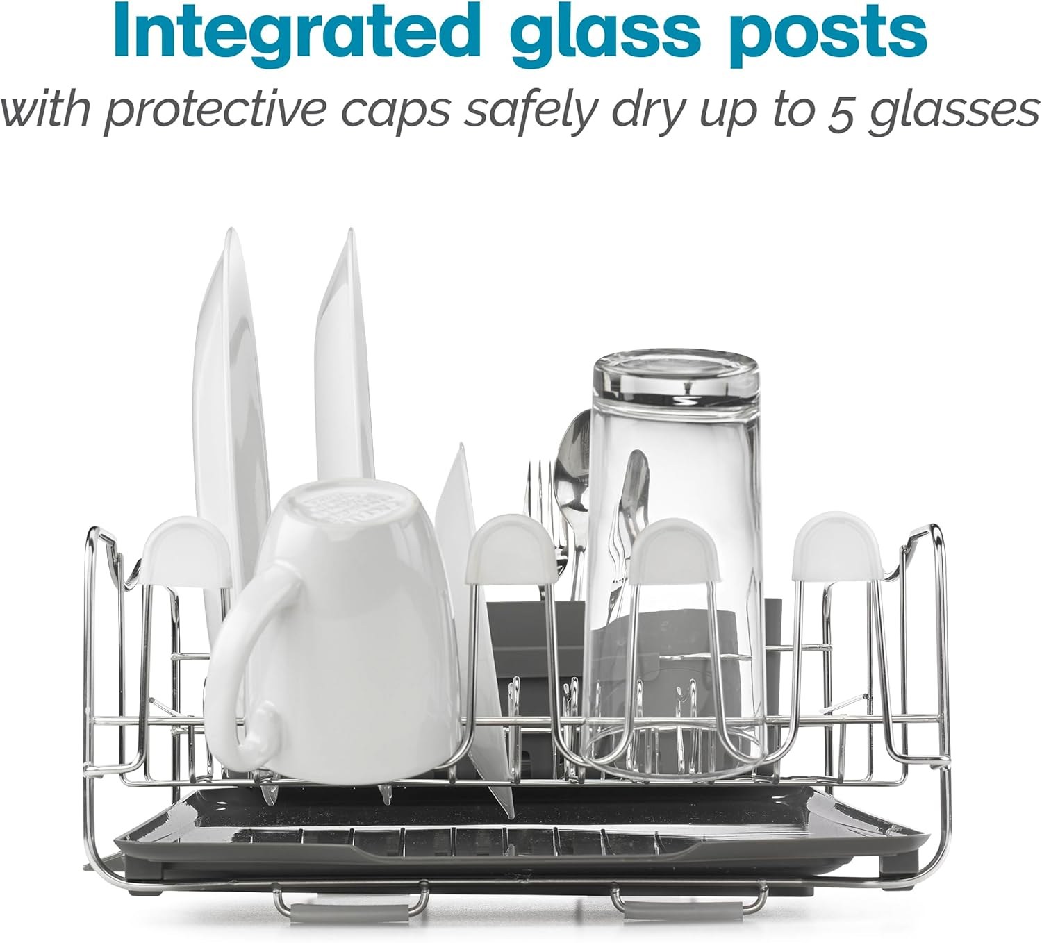 Polder KTH-615 Dish Rack, 4 PC Combo– Advantage System Includes Rack, Drain Tray, Removable Drying Tray & Cutlery Holder – Stainless Steel & Plastic