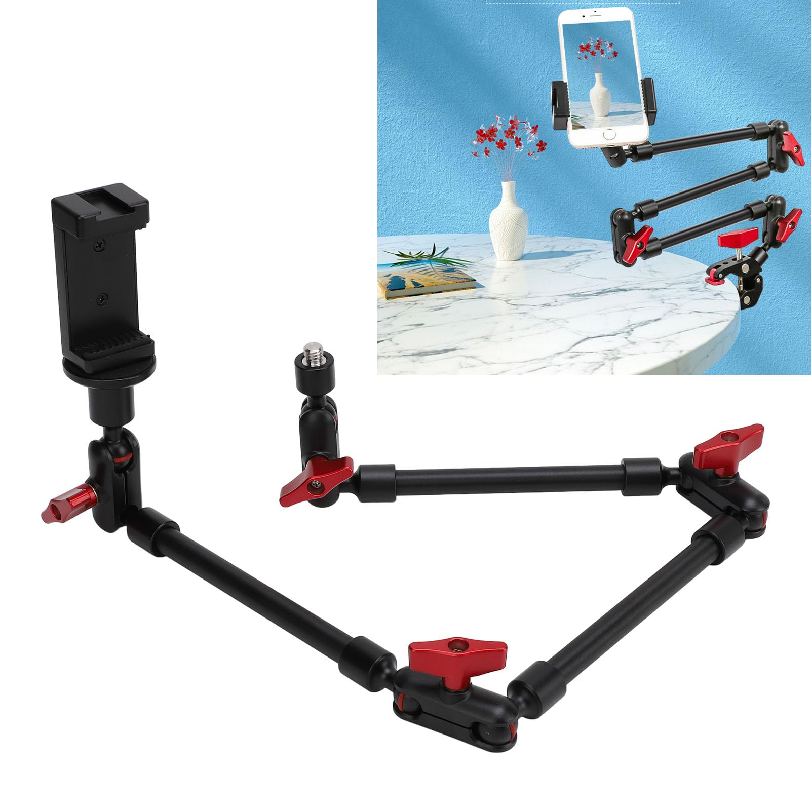 Braccio magico articolato regolabile da 78,7 cm con filettatura da 1/4" 3/8" e super morsetto, supporto per fotocamera rotazione a 360 gradi per microfono con luce LED (71 pollici)