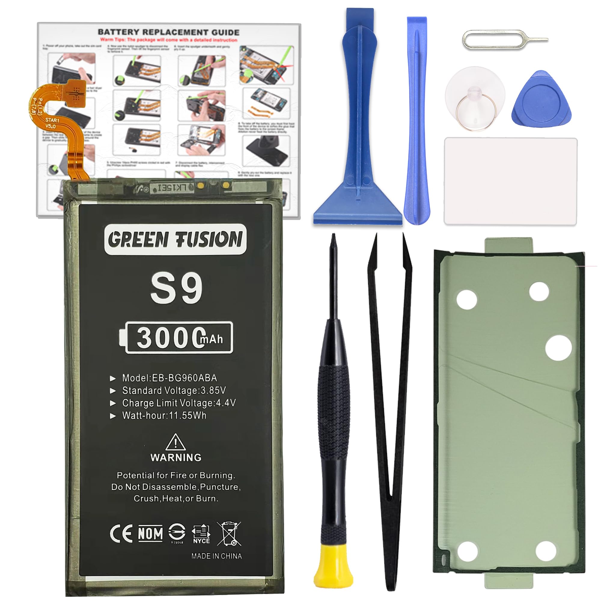 GREEN FUSION New Cellphone Replacement Battery Compatible with Galaxy S9 SM-G960 Series, with Tools &amp; Guide