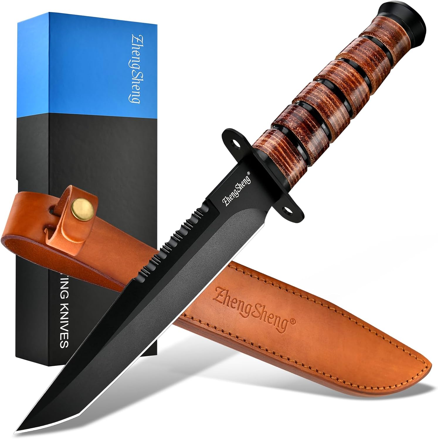 ZhengSheng 7.0 inches Fixed Blade Knife - Perfect PVD Titanium Coating DC53 Steel Blade Bowie Knife with Leather Sheath for Camping, Hiking, Survival