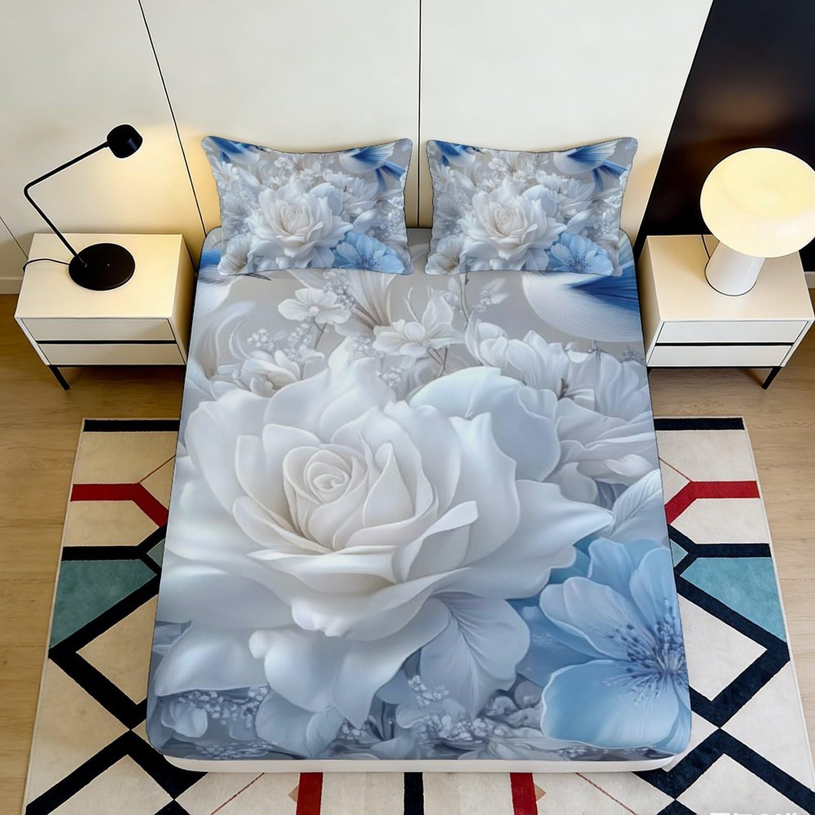 3D Printed White Rose Fitted Sheet Microfiber Floral Blue Blossom Mattress Cover Bedroom Home Décor Washable 90x200x25cm