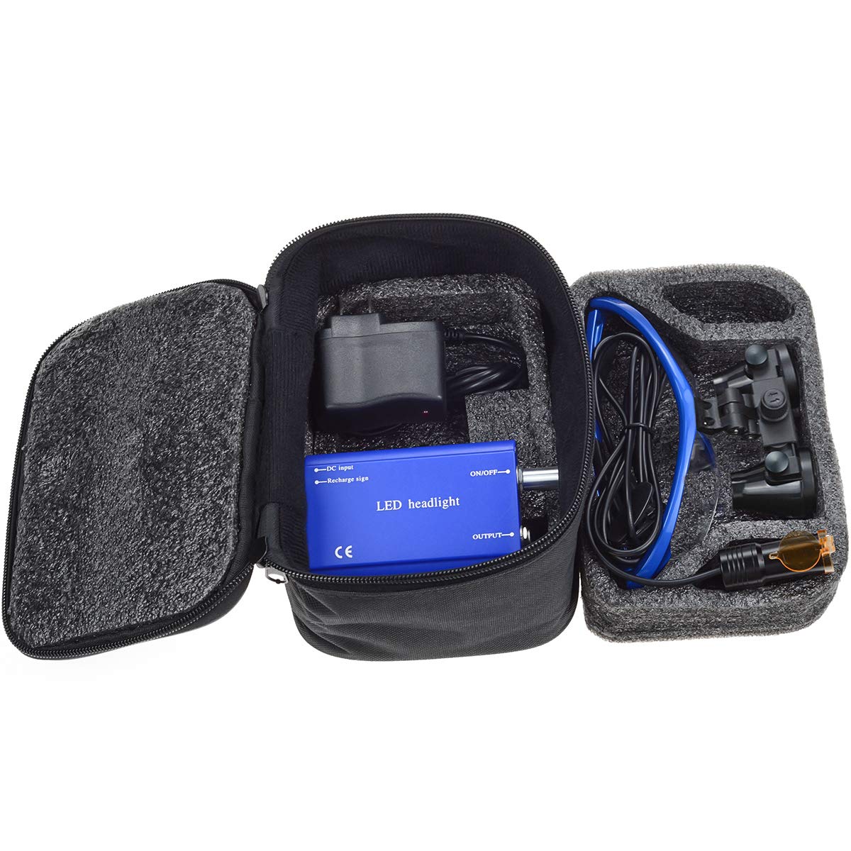 Loupes jumelles dentaires 2,5 x 420 mm + lampe frontale LED portable 5 W en plastique avec sac de rangement (Bleu)