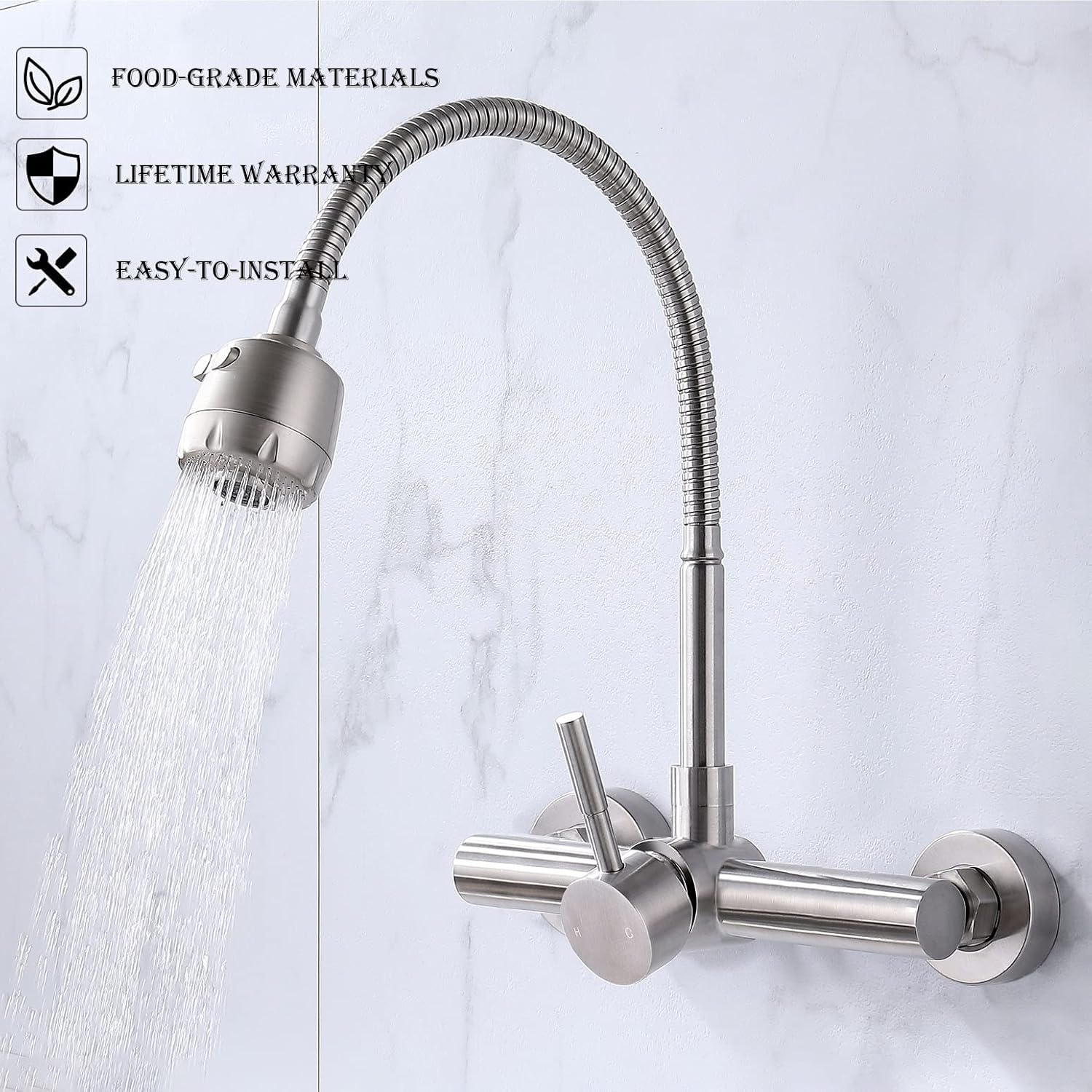 Wall Mount Kitchen Sink Faucet with Sprayer 8“ Inch Center, Brushed Nickle Stainless Steel Sink Mixer Tap, Laundry Utility Faucets with Dual Functional Sprayer