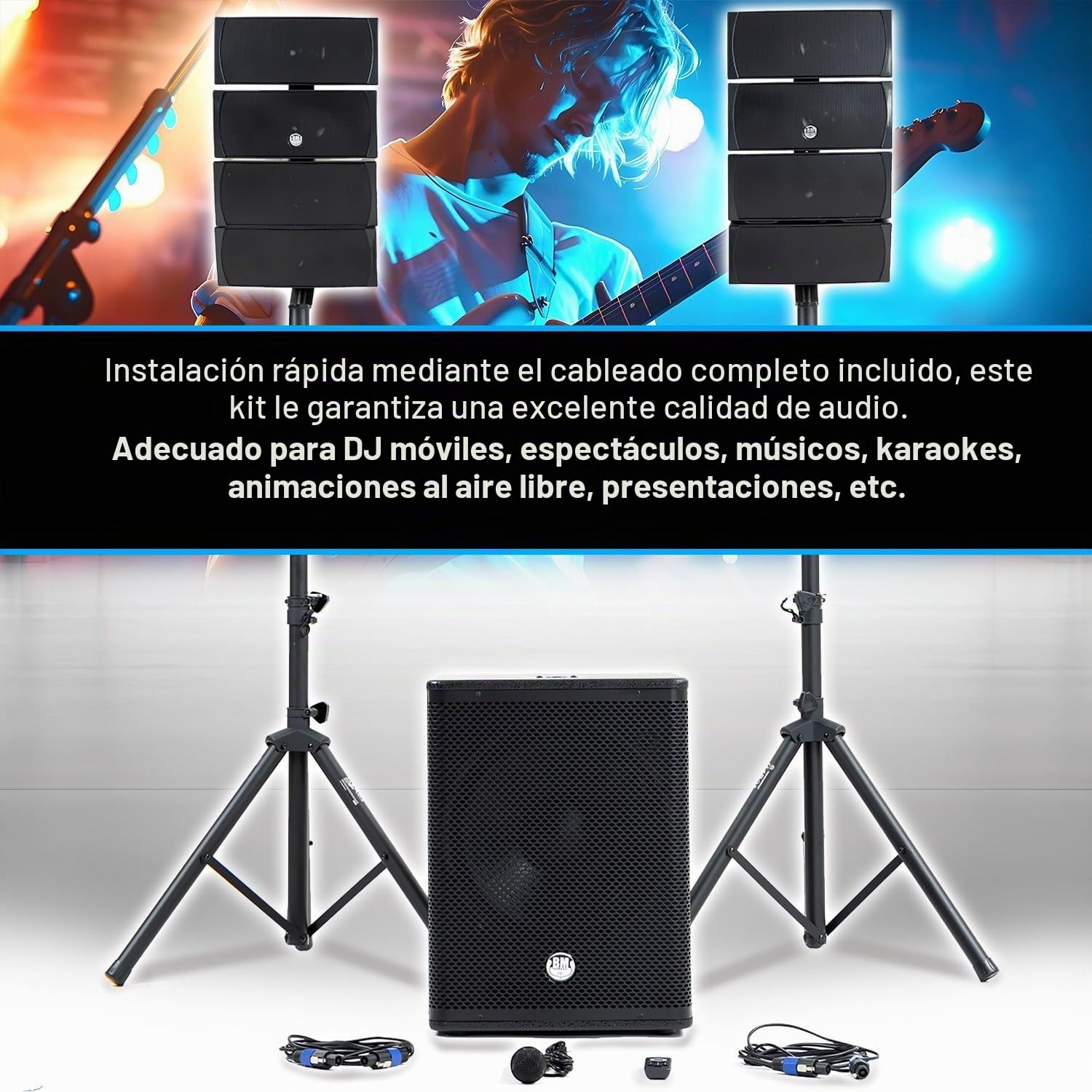 Pack de sonido DJ completo BM Bmsonic BMS-15-ARRAY-BT, 1200W, altavoces satélites, caja de sonido 38cm USB/Bluetooth, soportes para cables