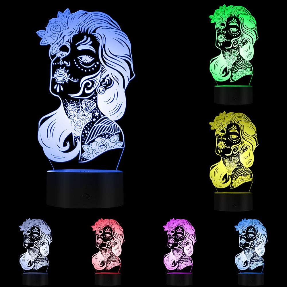 The Geeky Days Day of The Dead 3D Night Light Girl Sugar Skull LED Table Lamp Atmosphere Lighting Decor Gift