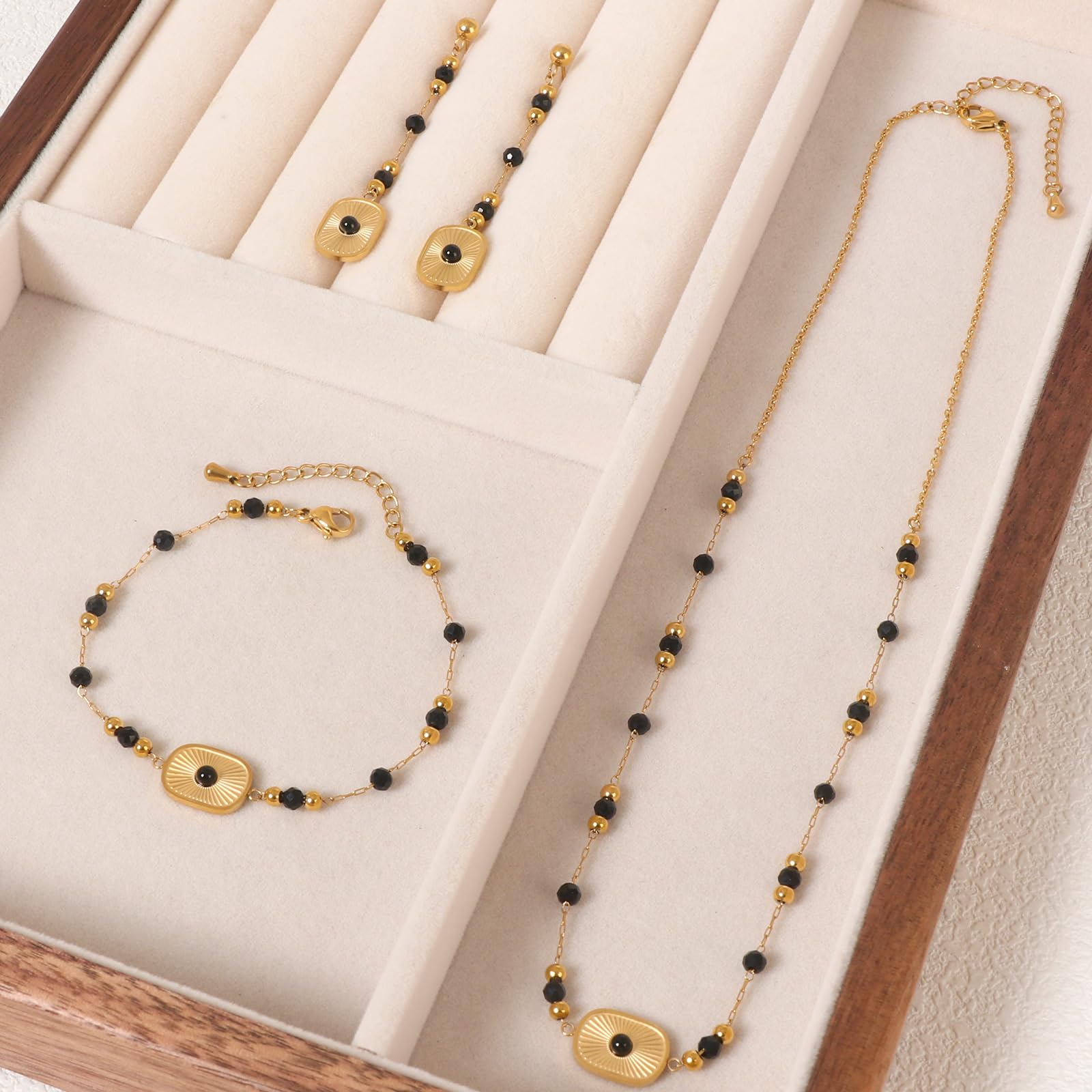 Juego de joyas de cuentas de piedra natural para mujer, juego de collar y aretes de bola redonda de acero inoxidable, regalo de Navidad para madre y esposa