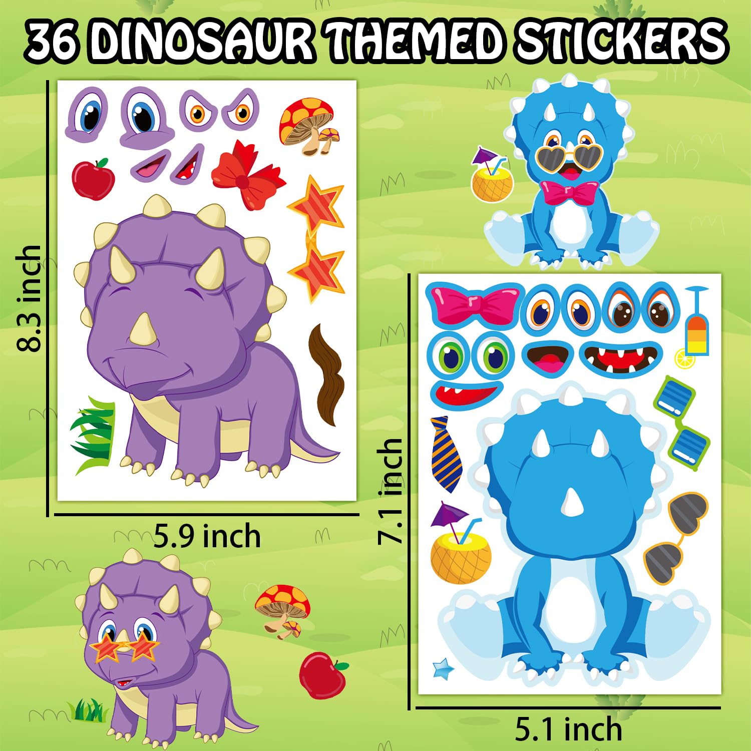 Acevegue 36 vellen dino-stickers voor kinderen, maak je eigen dinosaurus-stickers, maak een gezichtssticker, doe-het-zelfproject voor meisjes en jongens, dino-cadeautje, speelgoed, verjaardagsfeest