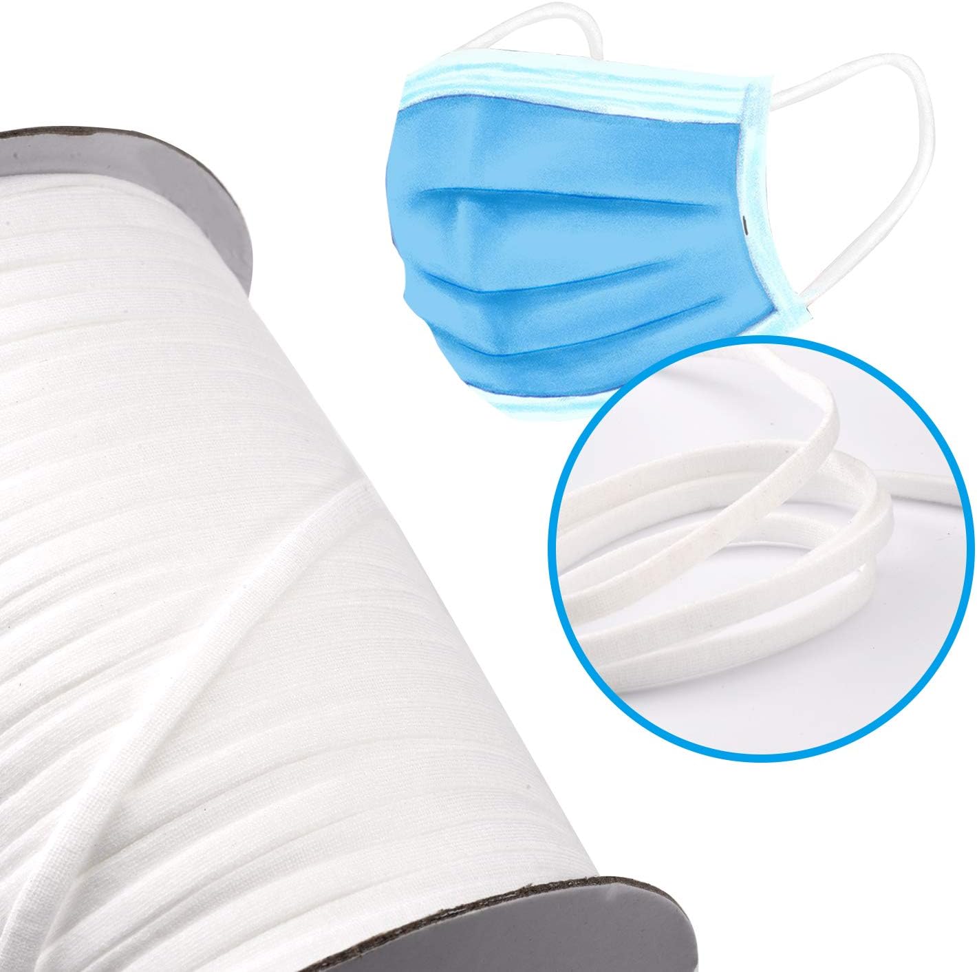 125Yard 1/5 Inch Wide White Elastic String Cord Bands Rope with 100 pcs 50MM Aluminum Nose Bridge for Sewing Crafts DIY Mask