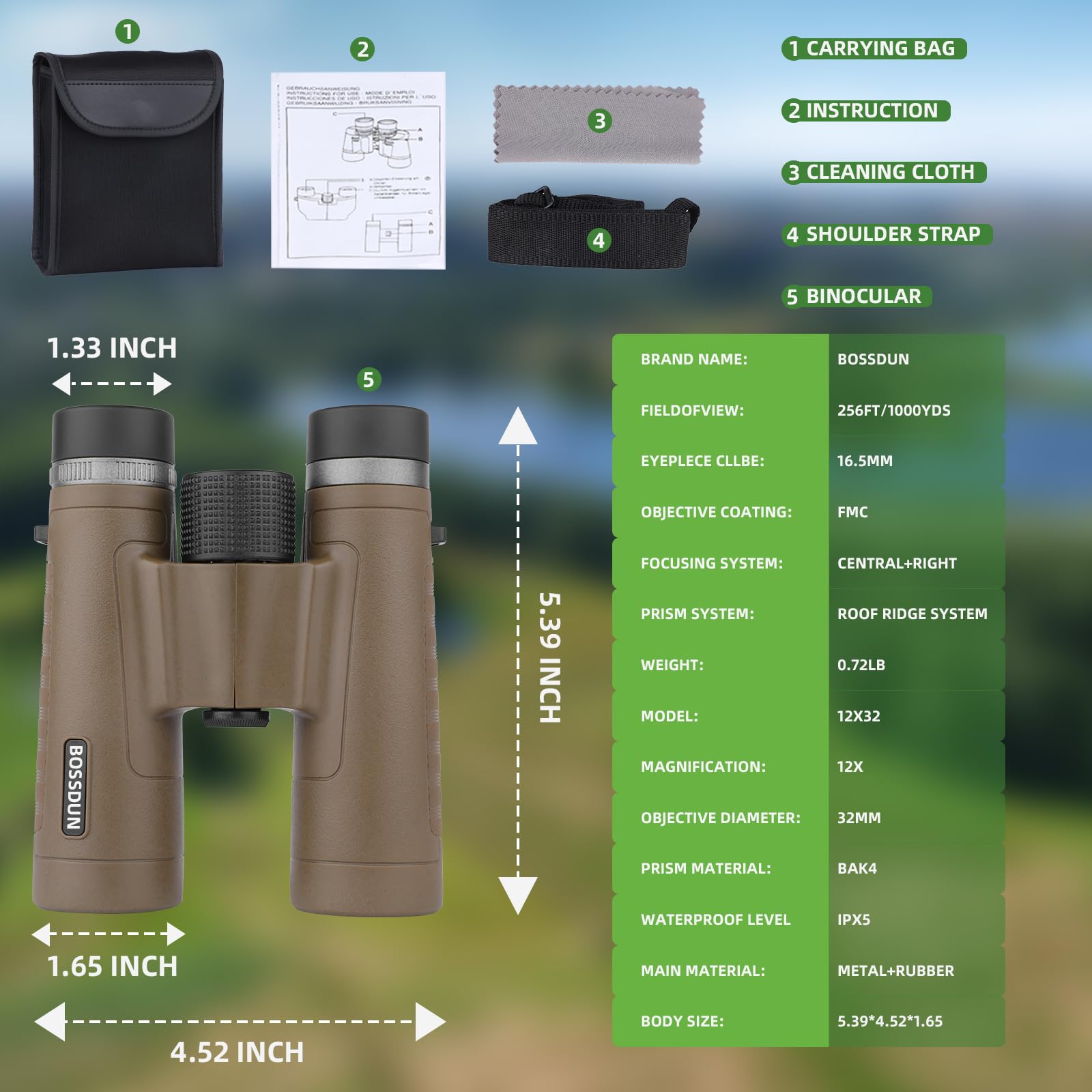 Binocolo compatto per adulti 12x32 ad alta potenza, binocolo tascabile per il birdwatching, impermeabile con lenti BAK4 FMC, leggero e utilizzabile con una sola mano