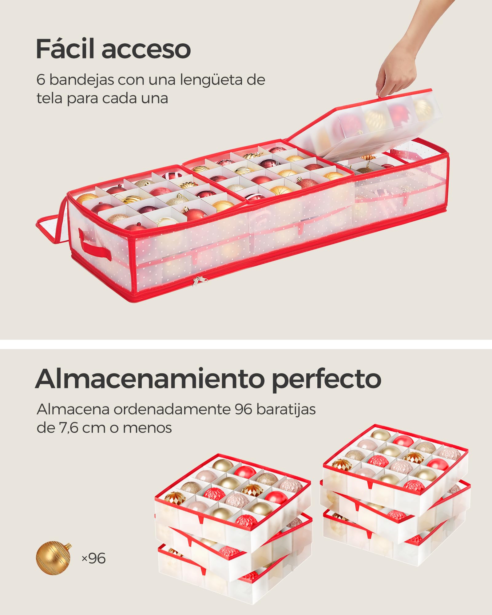 SONGMICS Caja Almacenaje para Bolas de Navidad, 96 Ranuras de 7,6 cm, 96,5 x 33,5 x 17,5 cm, Caja Almacenaje con Separadores, Cremalleras, Asas Laterales, Debajo de Cama, Rojo Cereza RFB031T02