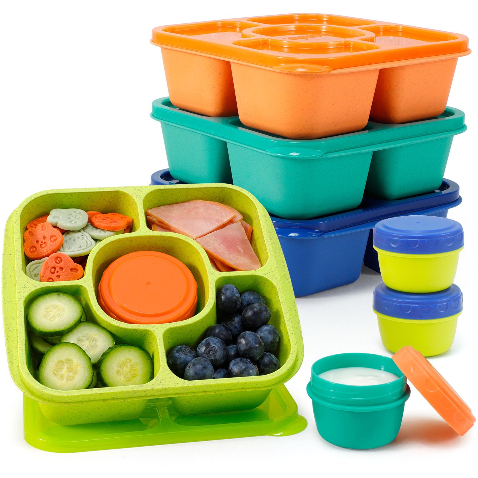 Original Lunchable Snack Containers for Kids & Adults - 5 Compartments Bento Snack Boxes with 4 Leakproof Small Containers, Wheat Straw, BPA-Free, Set of 4 (Jewel Brights)