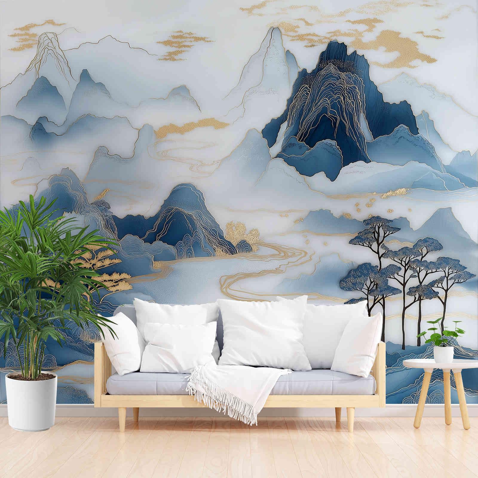 Papier Peint Panoramique 3D d'Exception Bleu 200 x 140 cm Vallée D'encre pour Salon Élégant
