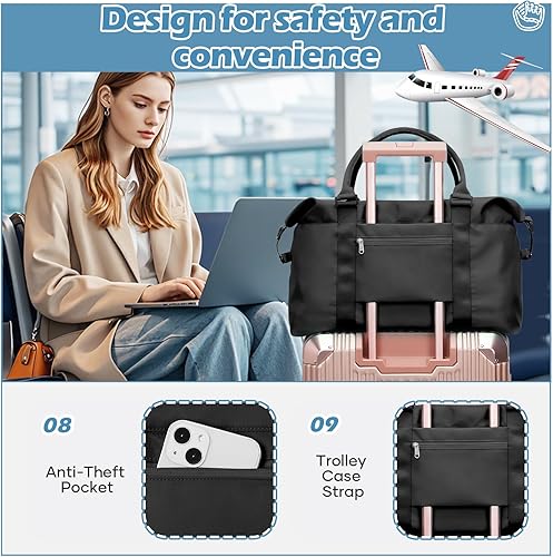 Miniatura 6 de Bolsa de viaje deportiva grande para gimnasio, bolsa de mano para mujer, bolsa de fin de semana, Negro -, Moda