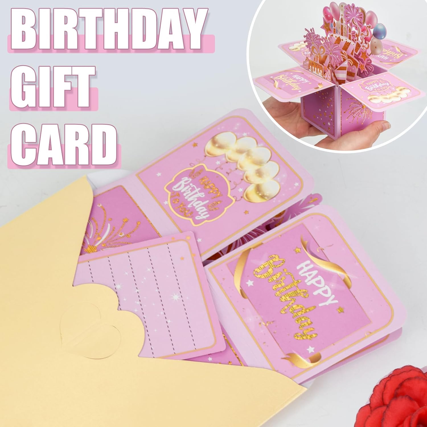 Surprise Pop Up Happy Birthday Cards, Lovely 3D Birthday Card for Adults and Kids with Envelopes, Unique Design Handmade Foldable Greeting Cards for Daughter, Son, Mom, Dad, Friend（Pink） - Image 4