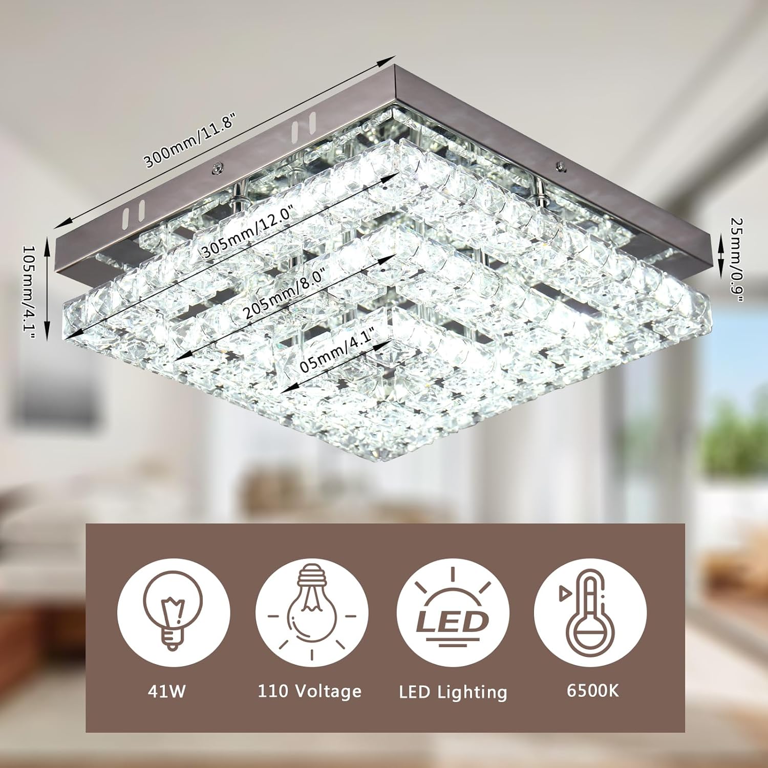 11.8" Crystal Chandelier LED Crystal Flush Mount Ceiling Light Modern Chandeliers Square Ceiling Light for Bedrooms Hallway Kitchen Office (6500K Cool White) Without Remote Control