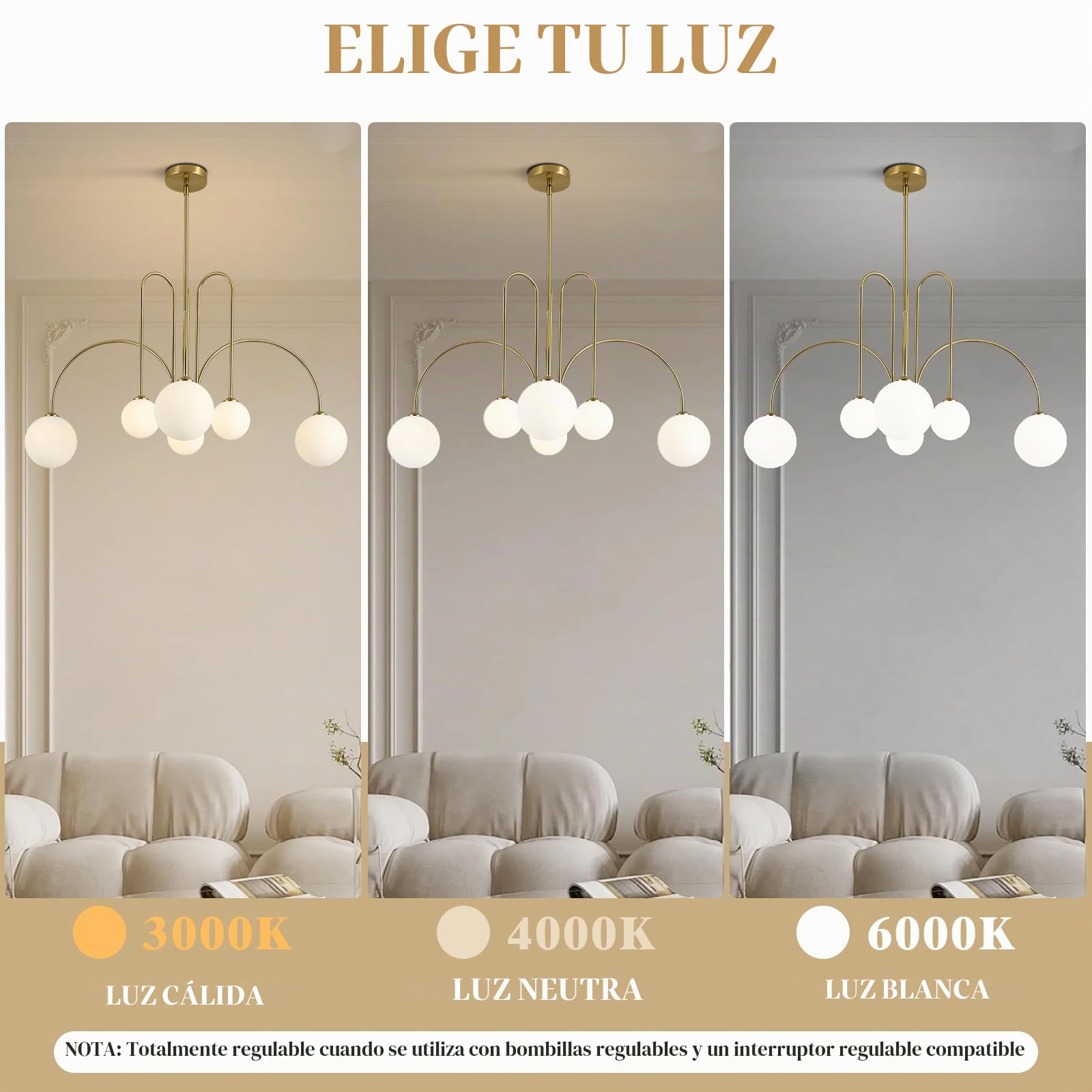 KCO Lighting Lámpara de Techo Sputnik con Esferas de 6 Luces para Salón, Dorada con Esferas de Cristal, Diseño Moderno para Comedor, Dormitorio, Recibidor y Cocina