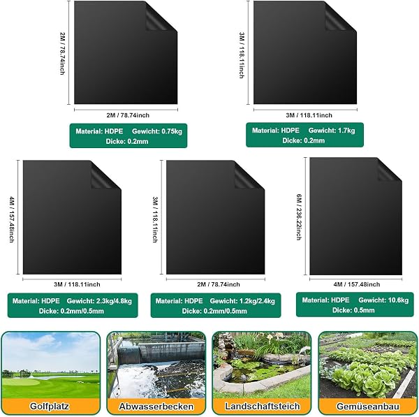 Bâche pour bassin - 2 x 2 m - En PEHD - Résistant aux UV - Imperméable - Pour bassin à poissons, étang, fontaine, jardin d'eau et cascade - Noir - 2