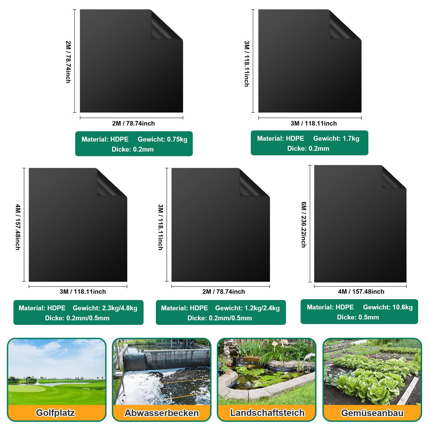Teichfolie 4x6m, Schwarz 0,5mm HDPE, Großformatige Teichfolien für industrielle und Private Nutzung, ideal für Teiche, Becken und Landschaftsbau