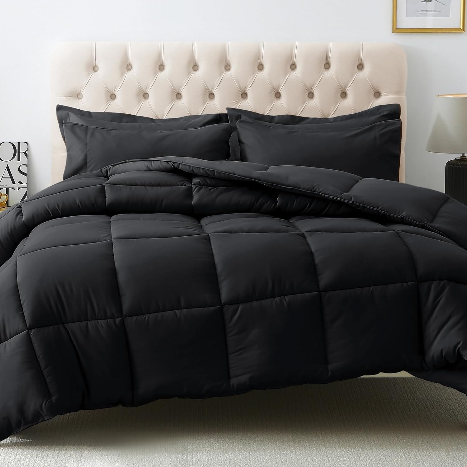 JOLLYVOGUE Full Comforter Set, Ultra-Soft Bed in a Bag Full Size 7 Pieces, Oeko-TEX Certified Bedding Set with Down Alternative Comforter, Sheets, Pillowcases & Shams, Black - Image 7