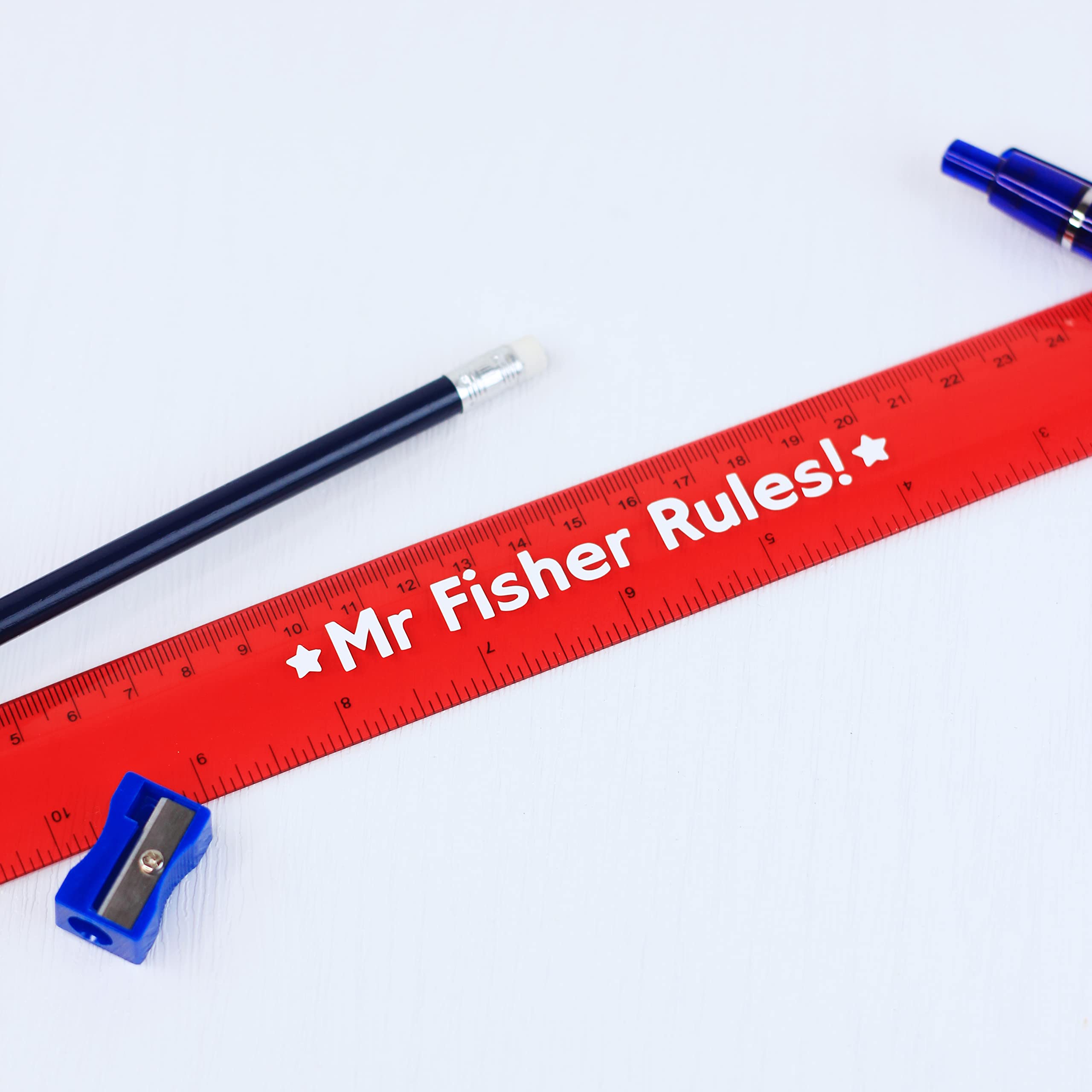 Personalised Ruler, Teacher 30cm Flexible Bendy Ruler, Novelty Stationary, Custom Vinyl, Stars, Hearts, Flowers, Any Name/Text Customised (Red)
