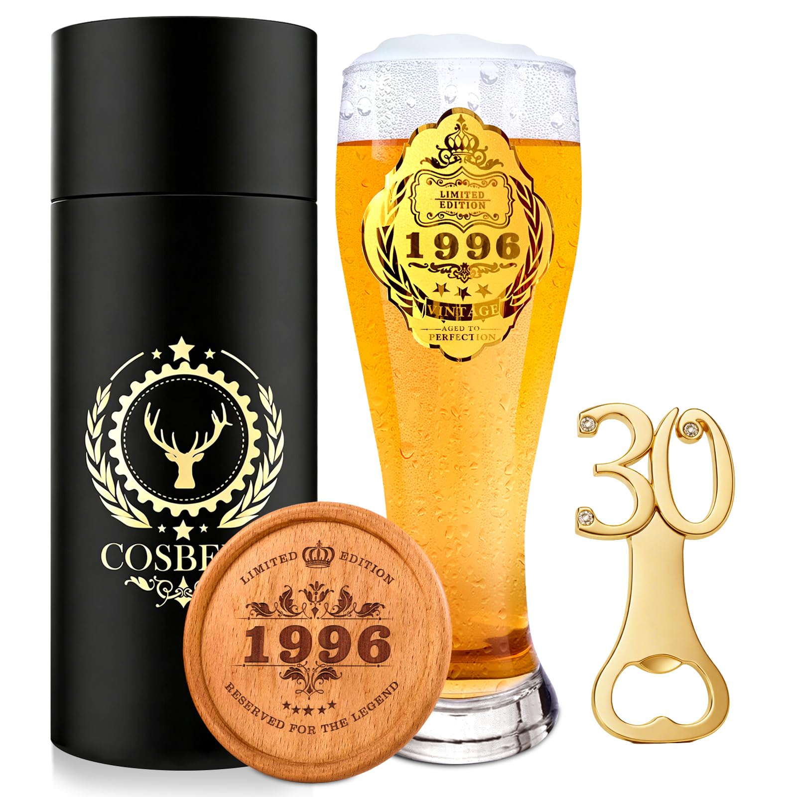 COSBERY 1996 30th Birthday Gifts for Men, Personalised 30th Birthday Decoration Beer Gifts for Men, 1996 Beer Glass 580ml, 30 Beer Bottle Opener, Wooden Coaster, Mens Present for Brothers Friends