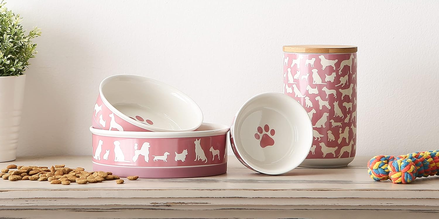 Bone Dry Ceramic Dog Food & Water Bowl Set, Removeable Non-Skid Ring Bottom, Microwave & Dishwasher Safe, Medium, 6x2, Rose, 2 Count